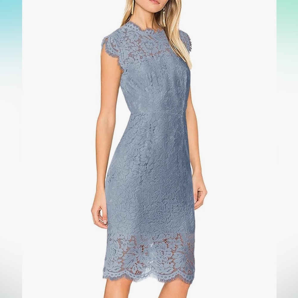 Merokeety NWT Grey Blue Lace Floral Elegant Cocktail Dress